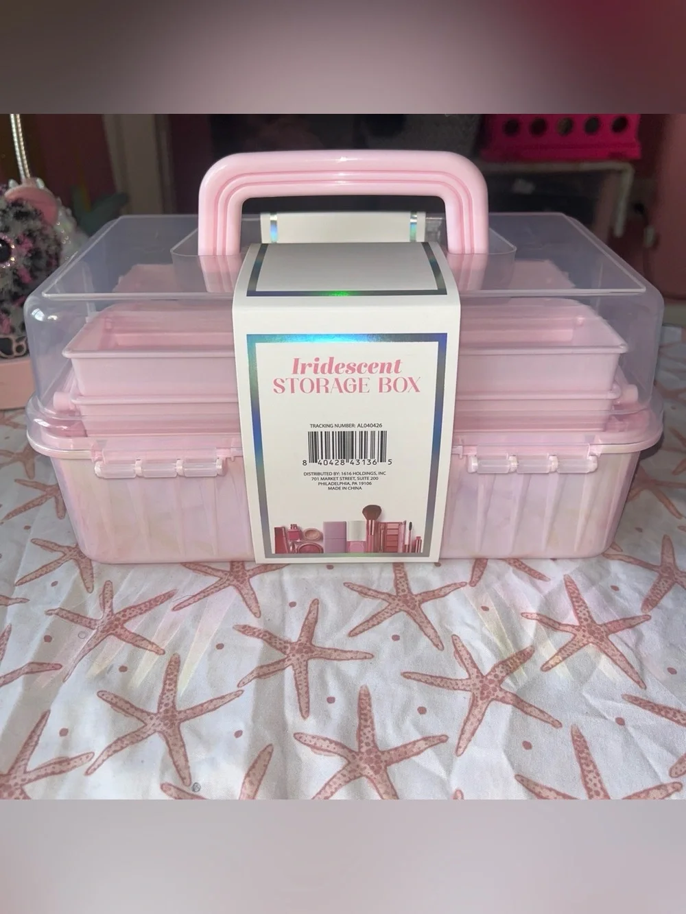 Iridescent Pink Storage Box with Top Handle - Home Organizer